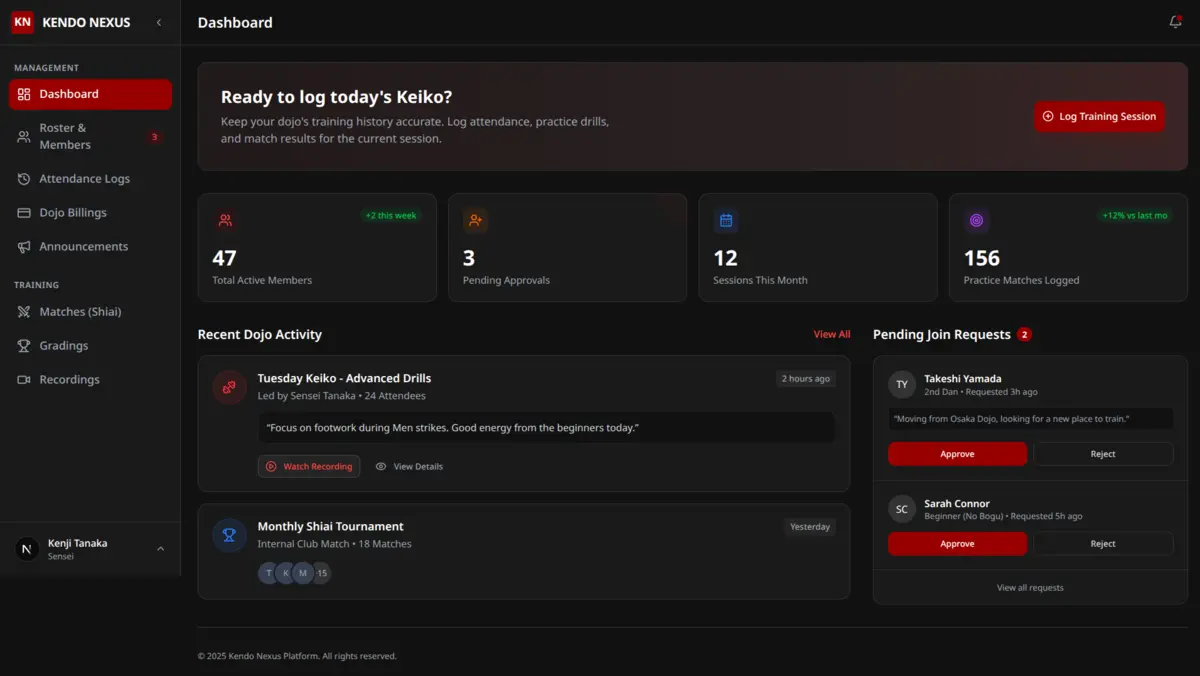 Club Management dashboard — member roster, attendance tracking, session logging, and pending join requests