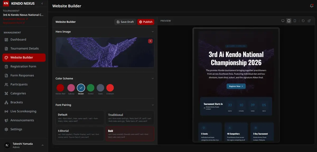 Tournament Website Builder — hero image editor, color scheme picker, font pairing, and live preview